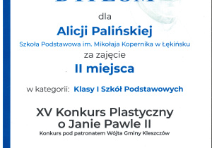 dyplom dla Alicji za zajęcie II miejsca