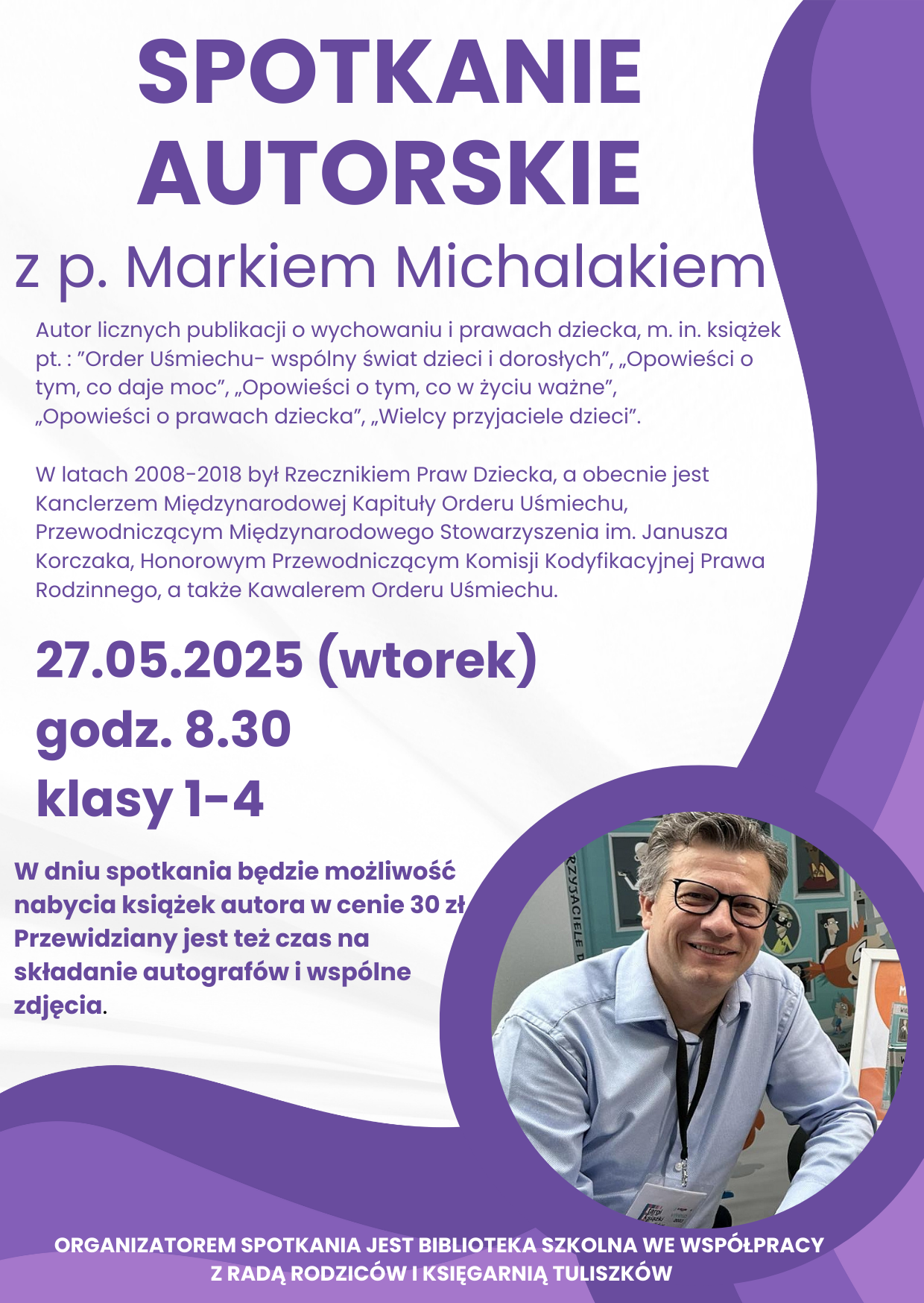 plakat - zaproszenie na spotkanie autorskie z Markiem Michalakiem