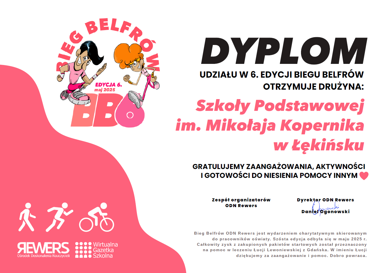 dyplom uczestnictwa w Biegu Belfrów