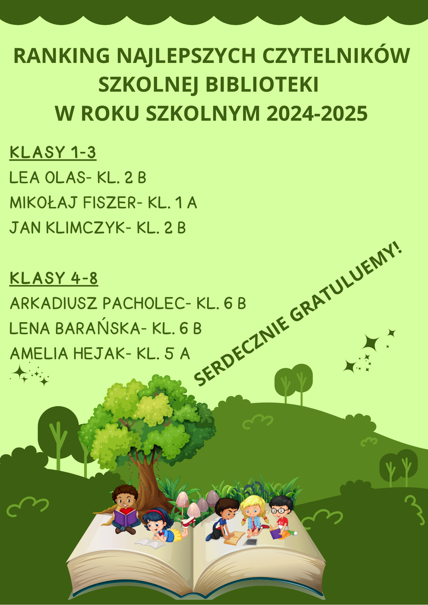 plakat z informacją o najlepszych czytelnikach w naszej szkole