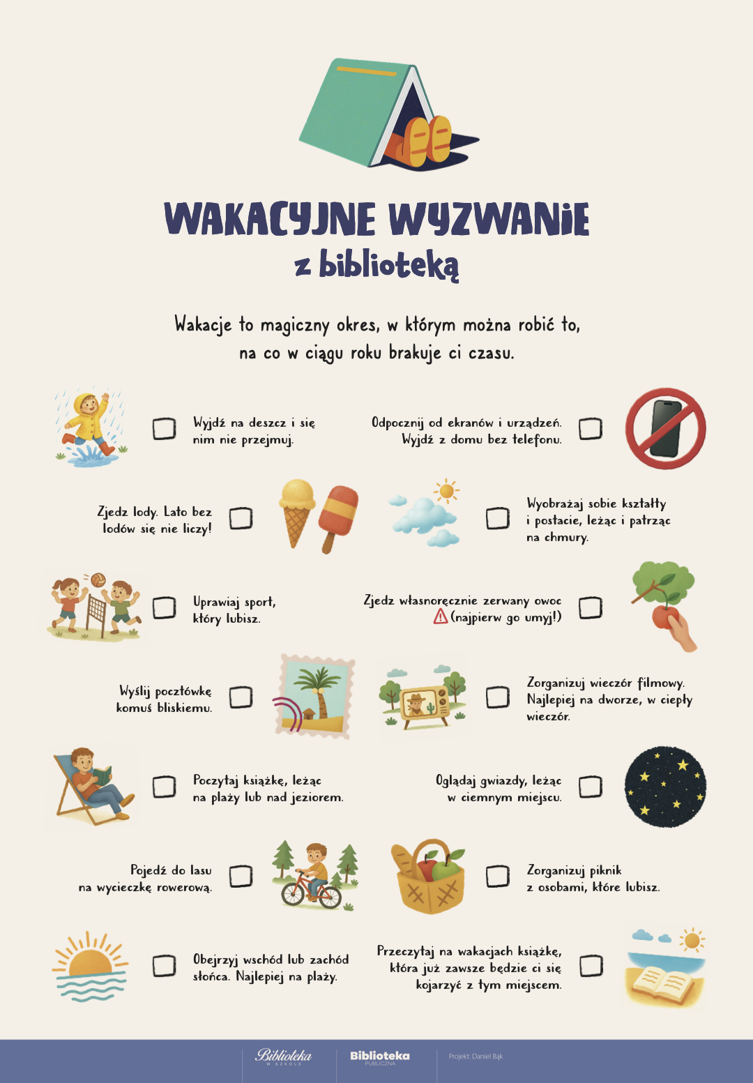 plakat wakacyjnych wyzwań z biblioteką