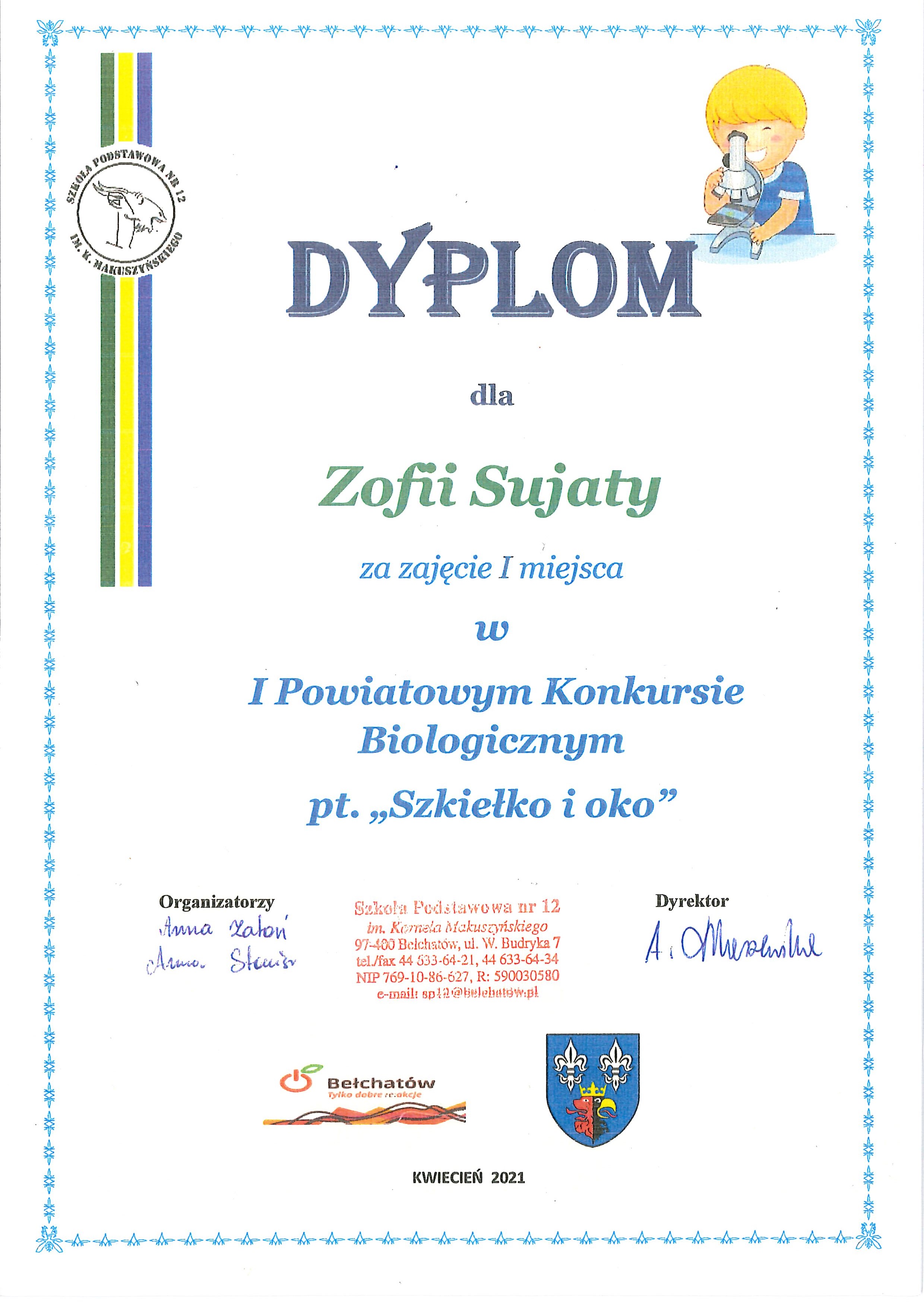 Dyplom dla Zofii Sujaty