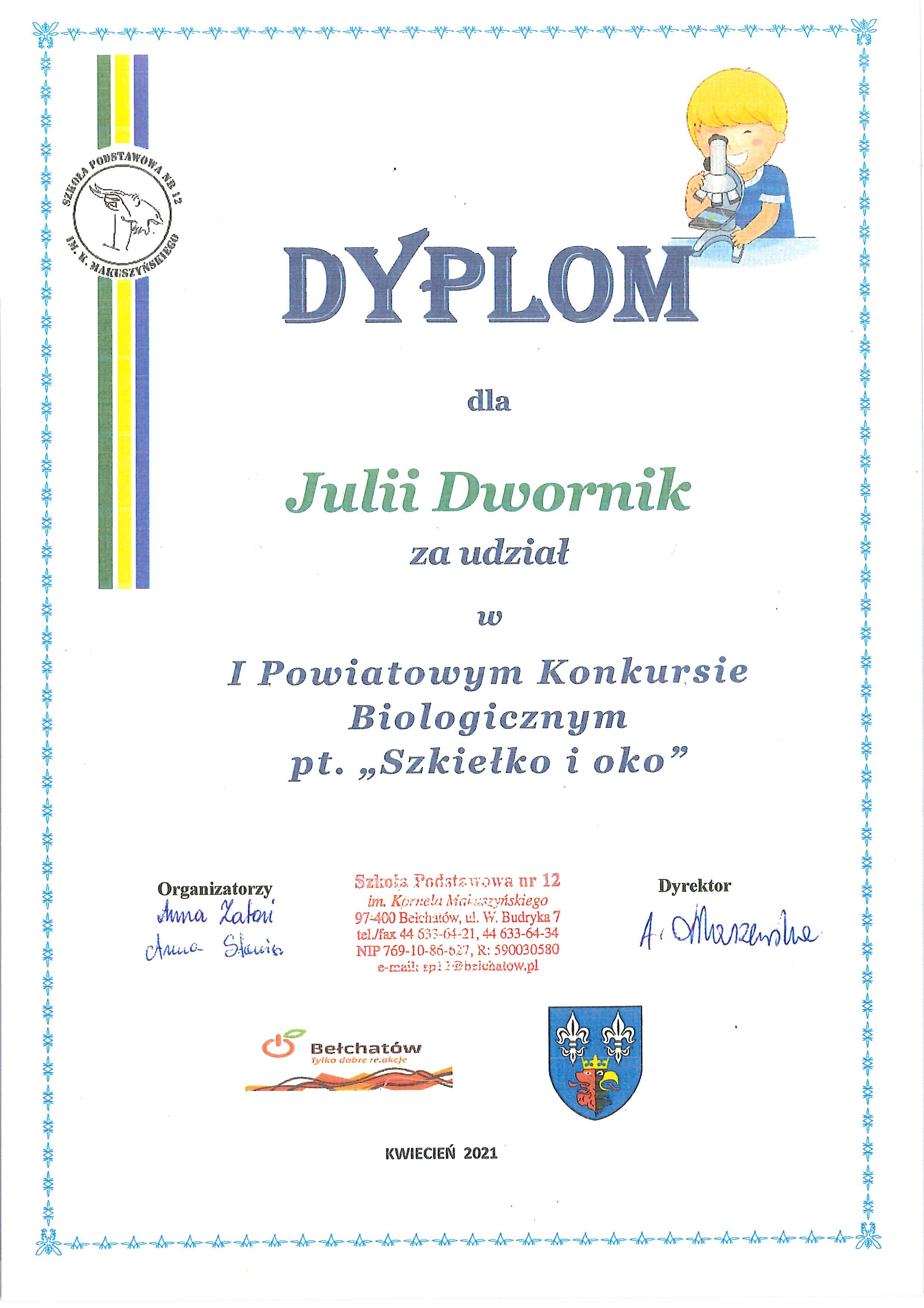 Dyplom dla Julii Dwornik