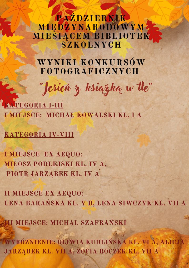 Plakat z wynikami konkursu fotograficznego Jesień z książką w tle