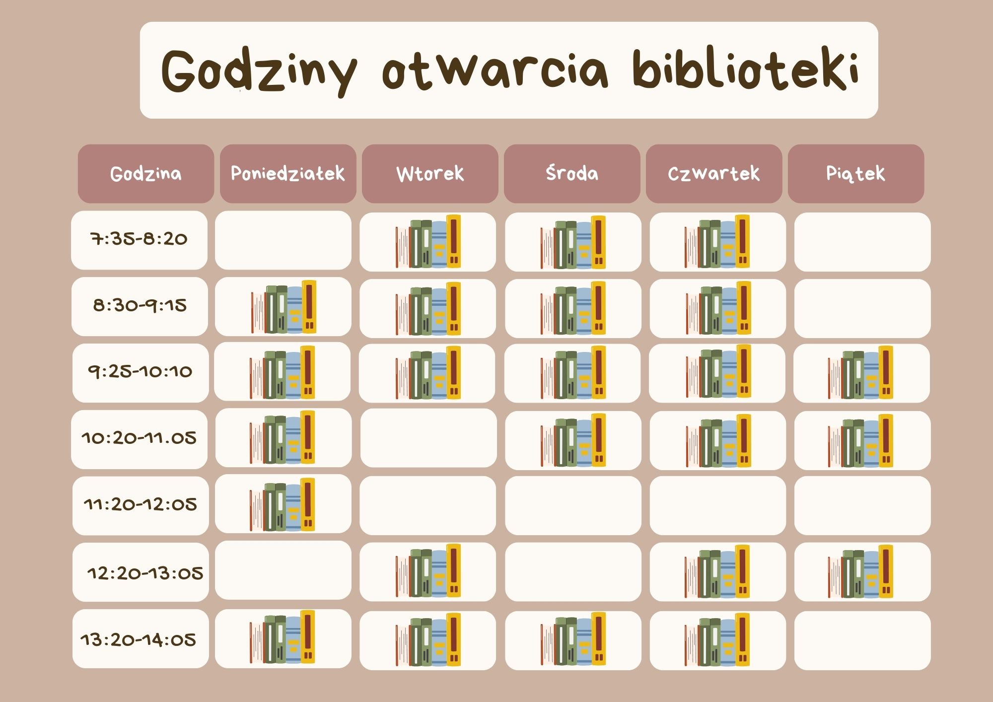 plakat z godzinami otwarcia biblioteki w roku szkolnym 2025/26