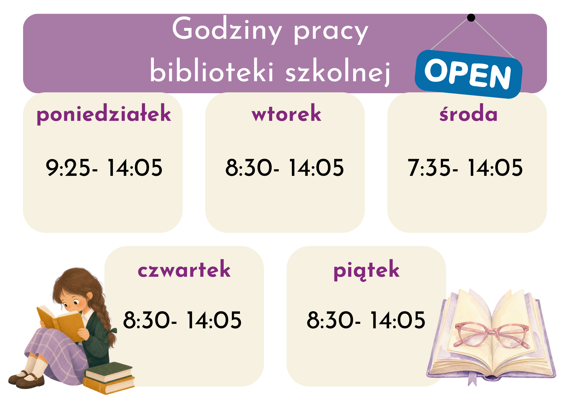 plakat z godzinami otwarcia biblioteki w roku szkolnym 2025/26