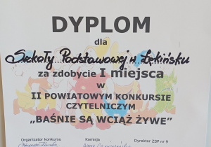 Pamiątkowy dyplom za zajęcie I miejsca w konkursie