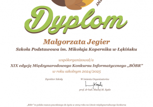 Dyplom konkursu Bóbr - podziekowanie dla nauczyciela