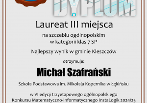 Dyplom Instalogik dla Michała Szafrańskiego