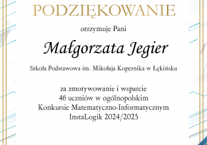 Dyplom podziekowanie Instalogik dla Małgorzaty Jegier
