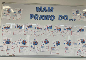 gazetka pt. „Mam prawo do…” stworzona z pocztówek uzupełnianych przez uczniów podczas zajęć