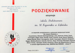 Podziękowanie za udział w projekcje Kartka dla Rodaka.