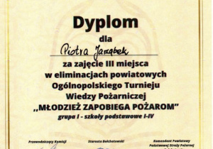 Dyplom dla Piotra Jarząbka.